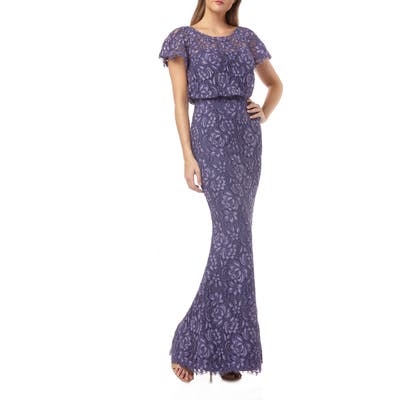 Js Collections Embroidered Lace Blouson Mermaid Evening Gown, Purple