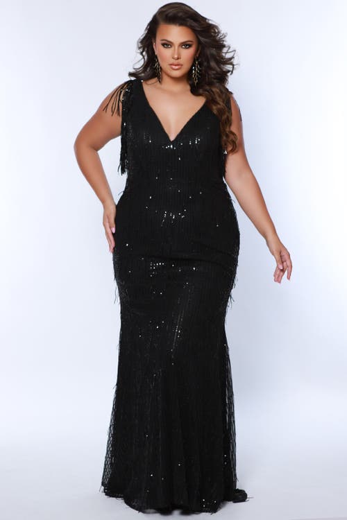 Shop Sydney's Closet Sydneys Closet V-neck Long Fitted Plus Size Sequin Fringe Formal Gown In Onyx