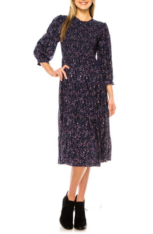 Floral Smocked Midi Dress in Dark Sapphire