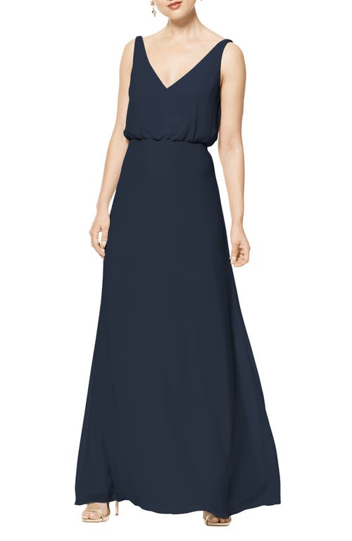 #Levkoff Blouson Chiffon A-Line Gown in Navy