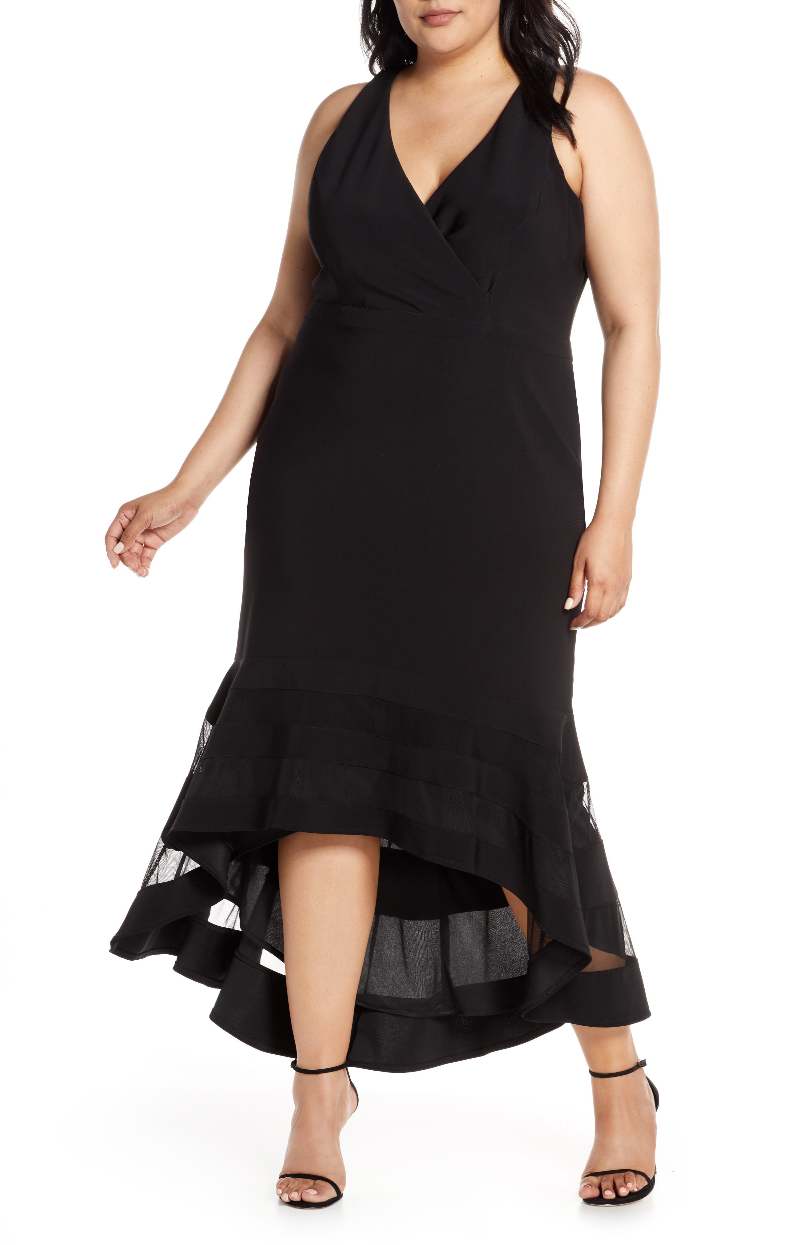 Plus Size Xscape Illusion High/low Hem Gown, Black
