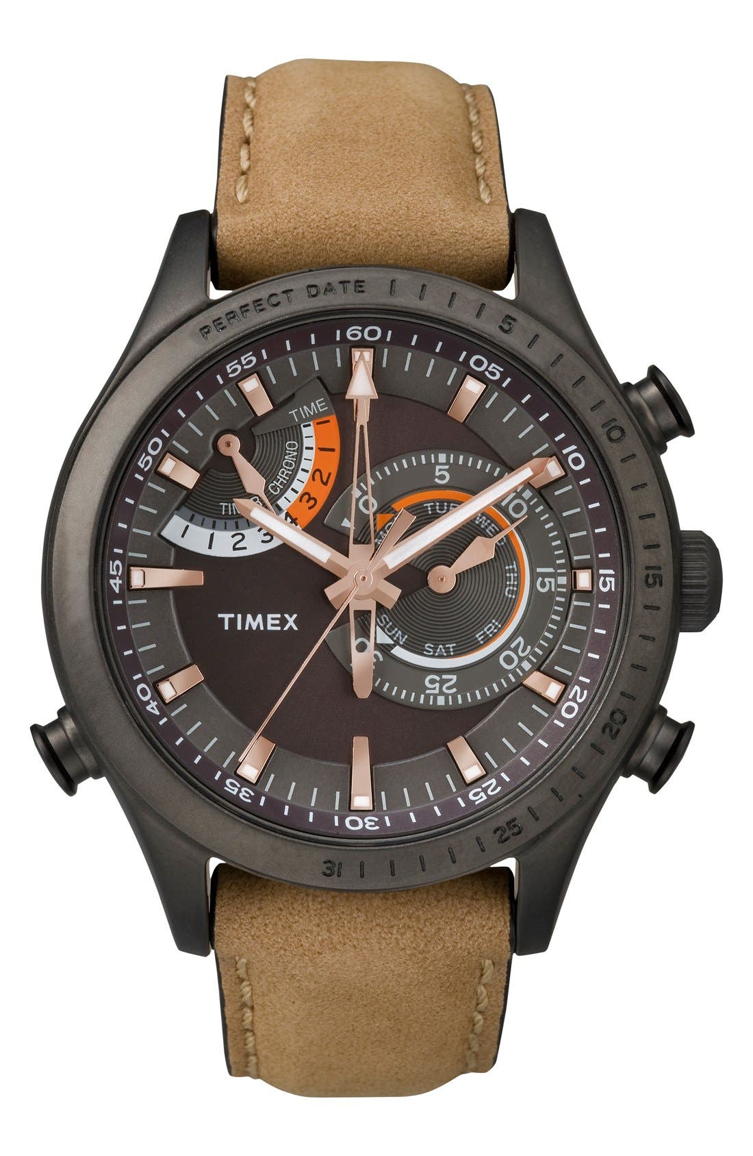 Timex® 'Intelligent Quartz' Leather Strap Watch, 46mm Nordstrom