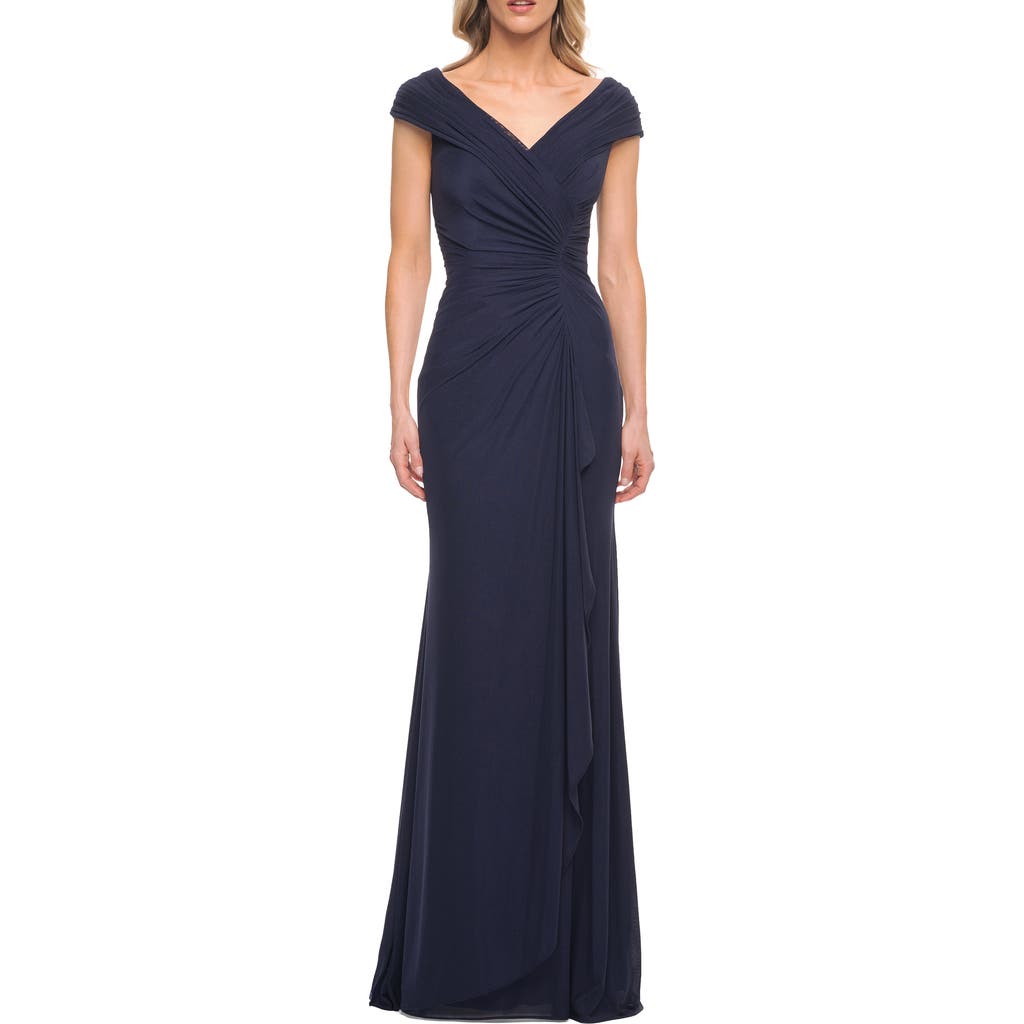 La Femme Ruched Satin Floor Length Gown In Navy