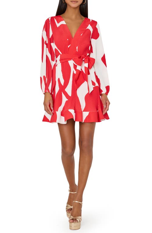 Milly Liv Grand Foliage Pleated Long Sleeve Minidress in Red/White at Nordstrom, Size 0