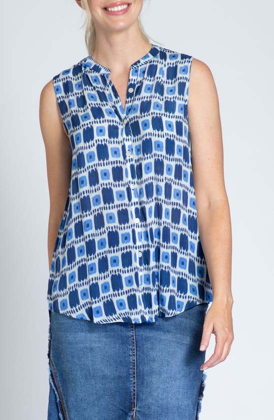 Shop Apny Print Chiffon Button-up Sleeveless Top In Blue Multi