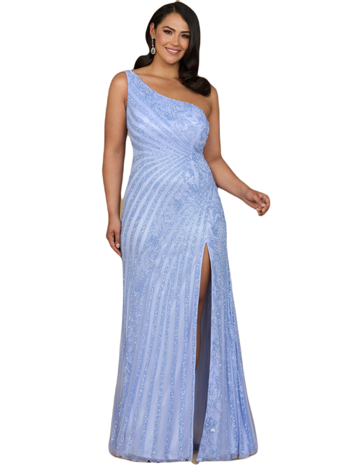 Lara New York One-shoulder Beaded Gown With Slit In Blue Iris