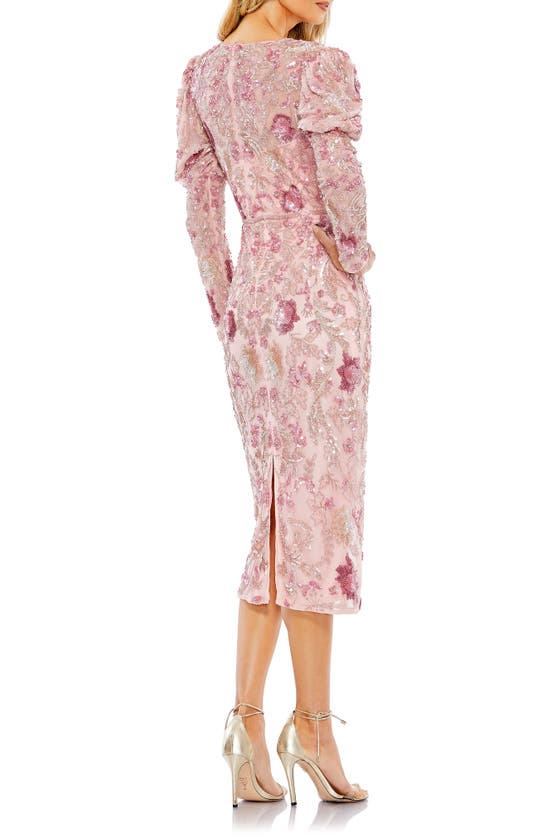 Shop Mac Duggal Beaded Floral Long Sleeve Sheath Cocktail Dress In Rose
