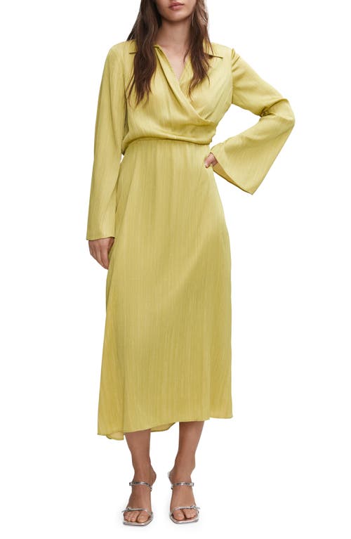 MANGO Long Sleeve Satin Shirtdress in Lime at Nordstrom, Size 4