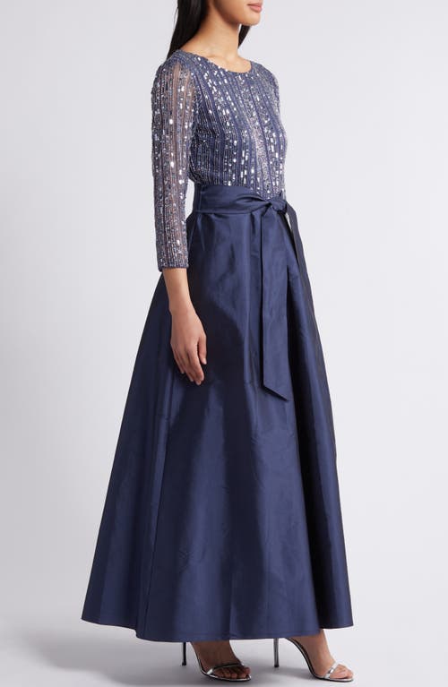 Pisarro Nights Bow Long Sleeve Sequin & Taffeta Gown In Denim