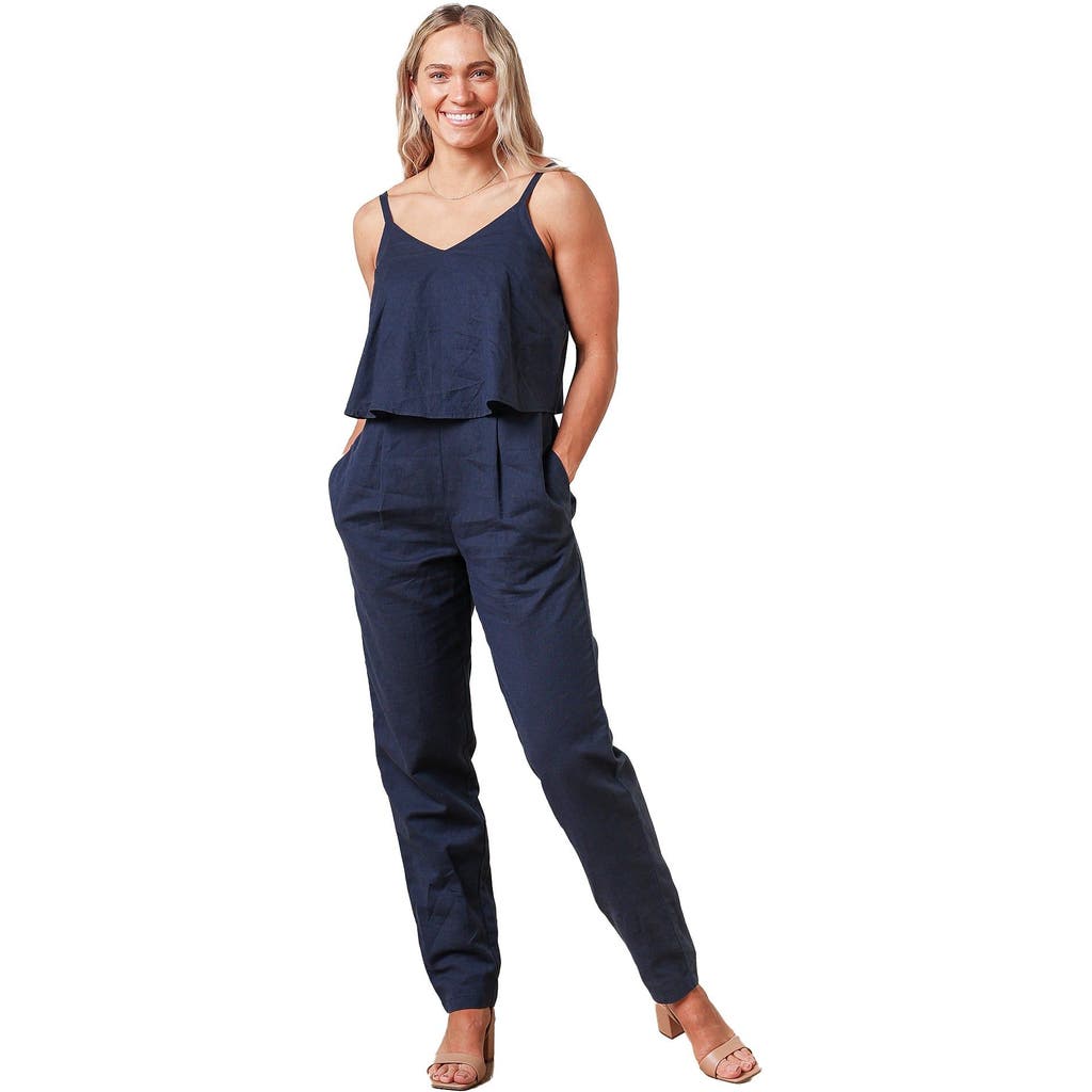 Shop Hope & Henry Sleeveless Faux Top Jumpsuit In Navy Linen