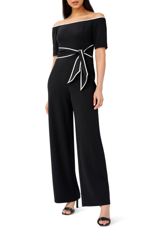 Adrianna Papell Tie Waist Knit Crepe Jumpsuit Black at Nordstrom,