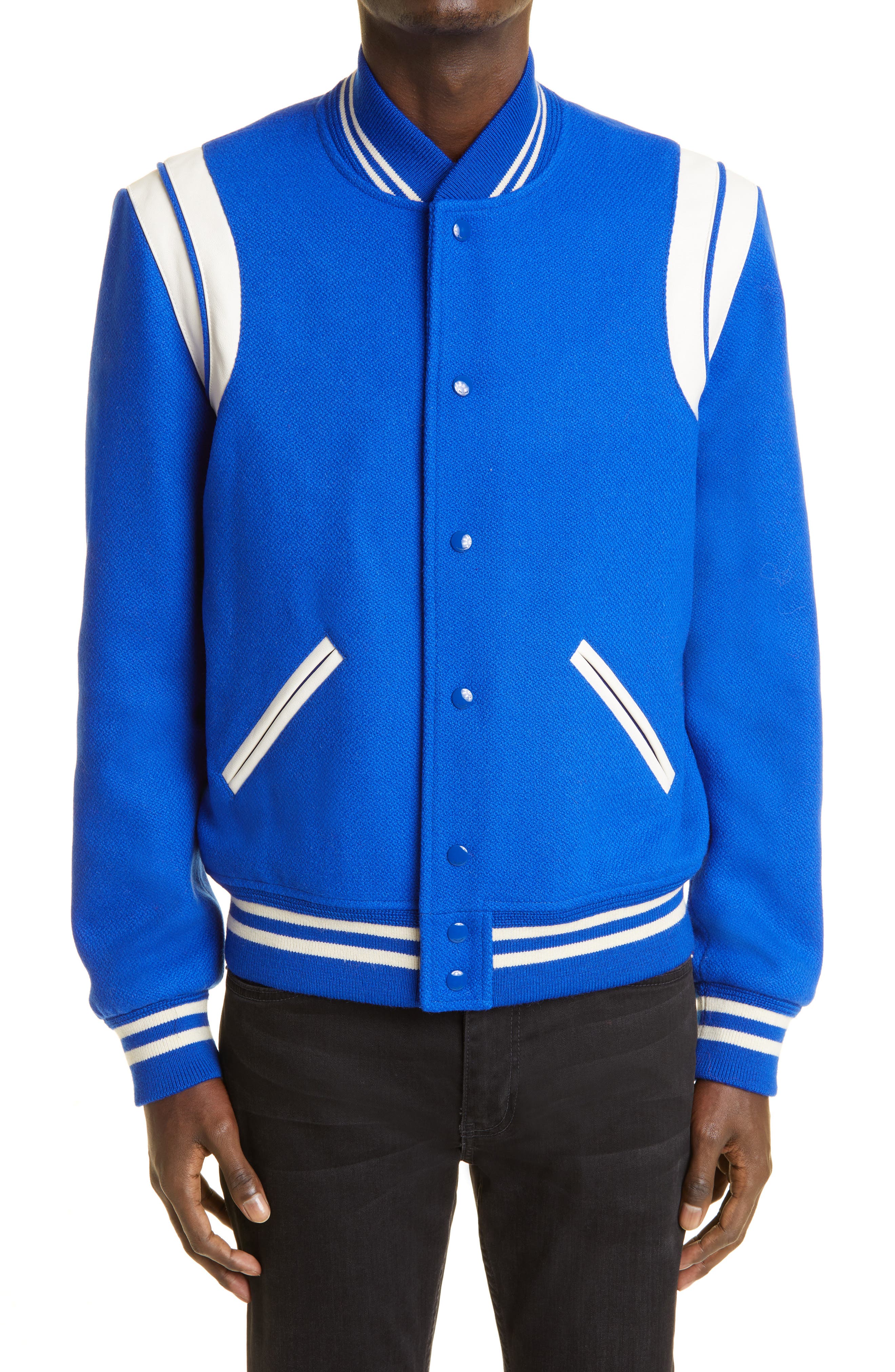 bomber jacket blue and white