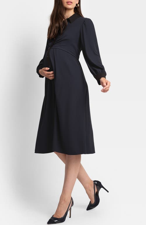 Shop Seraphine Pleated Waist Long Sleeve Maternity/nursing Shirtdress In Navy
