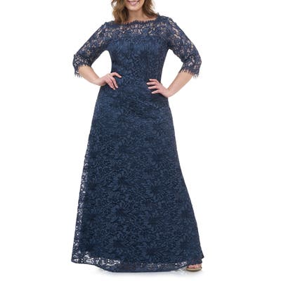 Plus Size Js Collections Bateau Neck Lace Gown, Blue