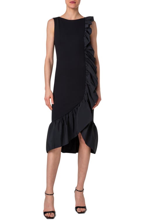 Bateau Neck Ruffle Trim Midi Dress in Black