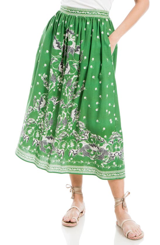 Shop Max Studio Floral Print Linen Blend Midi Skirt In Green/cream Floral Swirl
