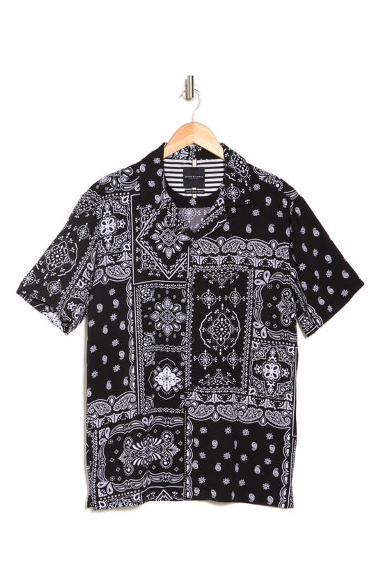Denim And Flower Bandana Short Sleeve Button-up Shirt In Black