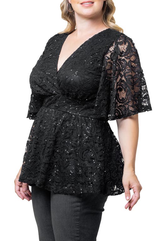 Kiyonna Stardust Sequin Lace Peplum Top In Onyx