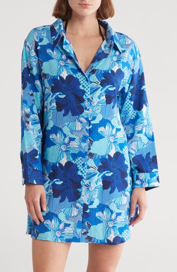 Shop Boho Me Floral Print Button-up Cover-up Shirt In Blue Patch