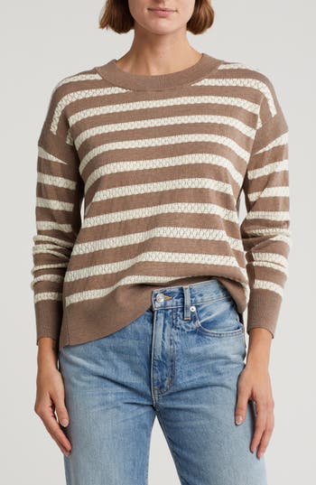 T Tahari Stripe Pointelle Sweater In Tan/ivory