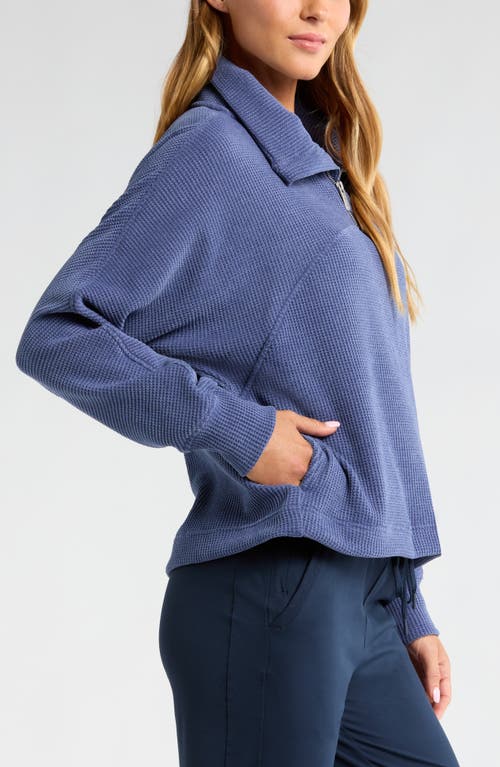 Shop Zella Half Zip Waffle Stitch Sweatshirt In Blue Indigo Marl