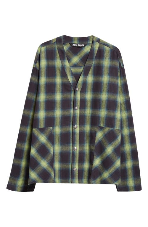 Shop Palm Angels Monogram Check Raw Edge Cotton Shirt In Green Off