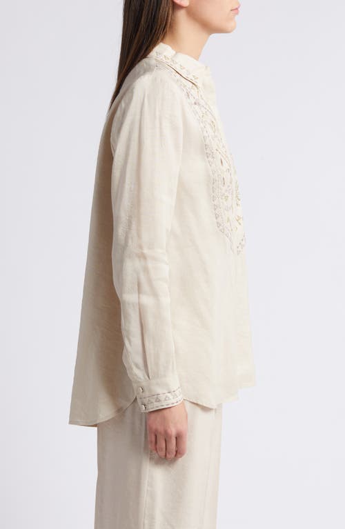 Shop Kobi Halperin Genevieve Eyelet Accent Linen Blend Button-up Shirt In Shell