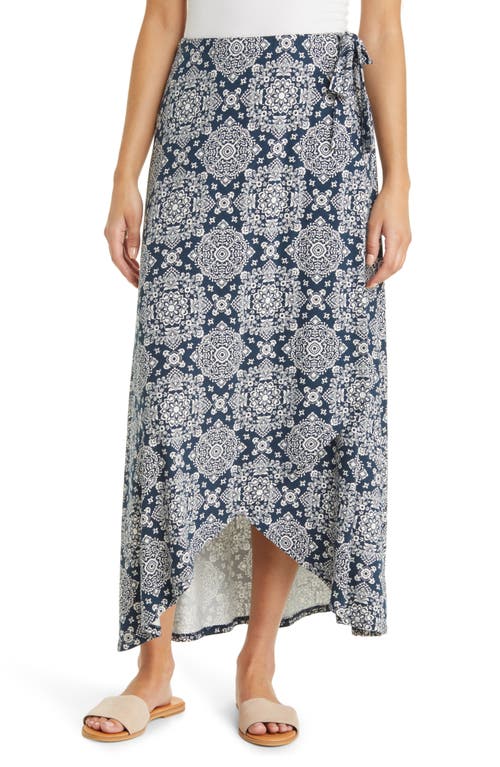 Loveappella Print Faux Wrap Skirt In Navy/ivory