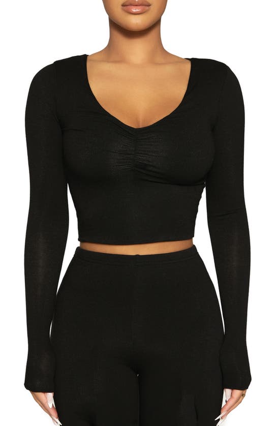 NAKED WARDROBE LONG SLEEVE RUCHED FRONT CROP TOP
