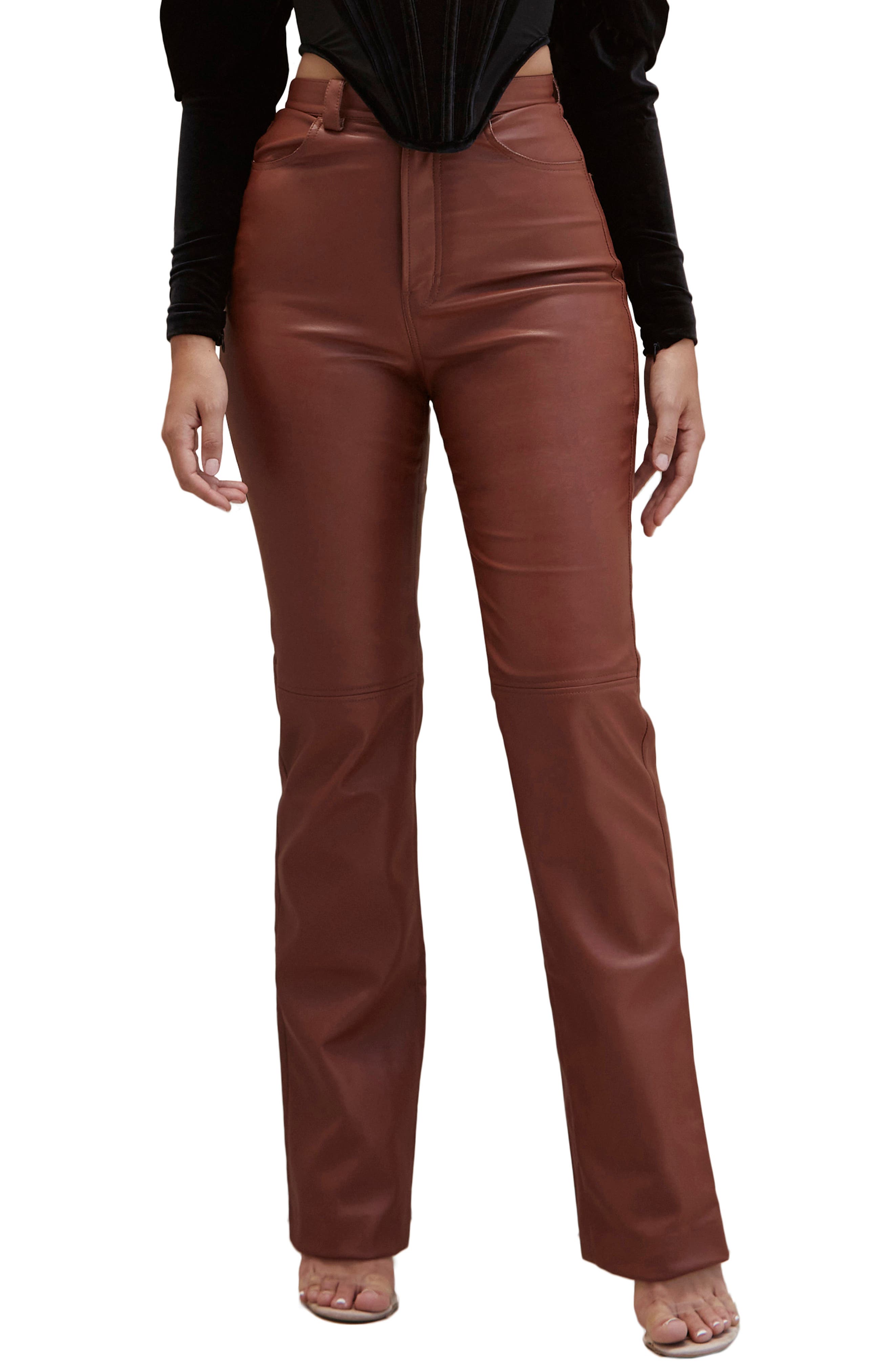 High Waisted Vegan Leather Trousers - Beige