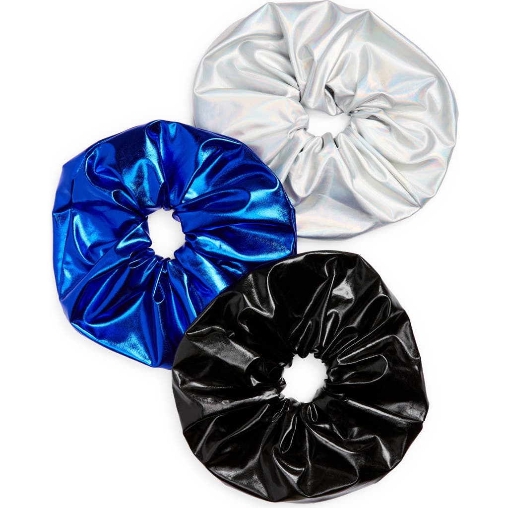 Tasha Assorted 3-pack Metallic Scrunchies In Blue/silver/black