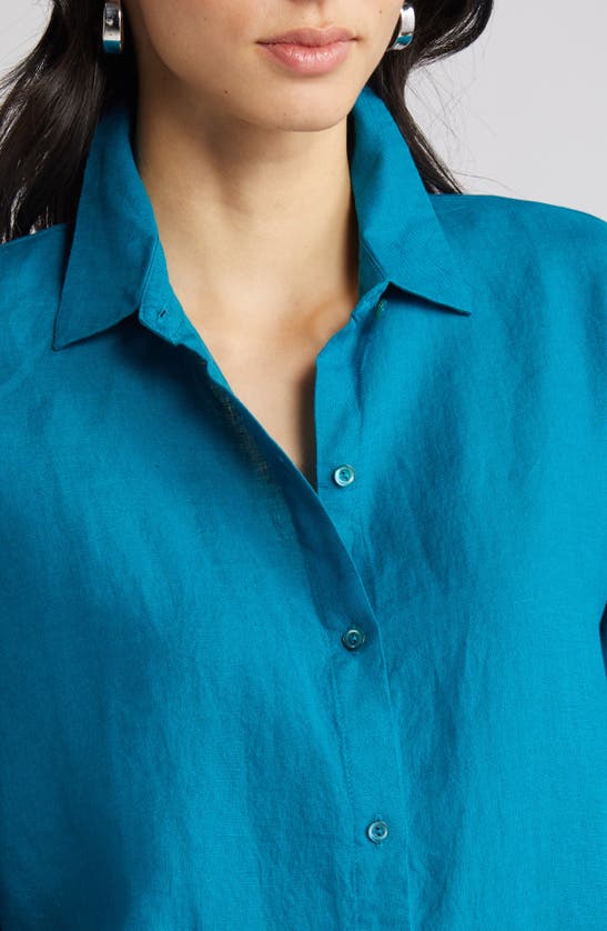 Shop Eileen Fisher Classic Collar Easy Linen Button-up Shirt In Jewel