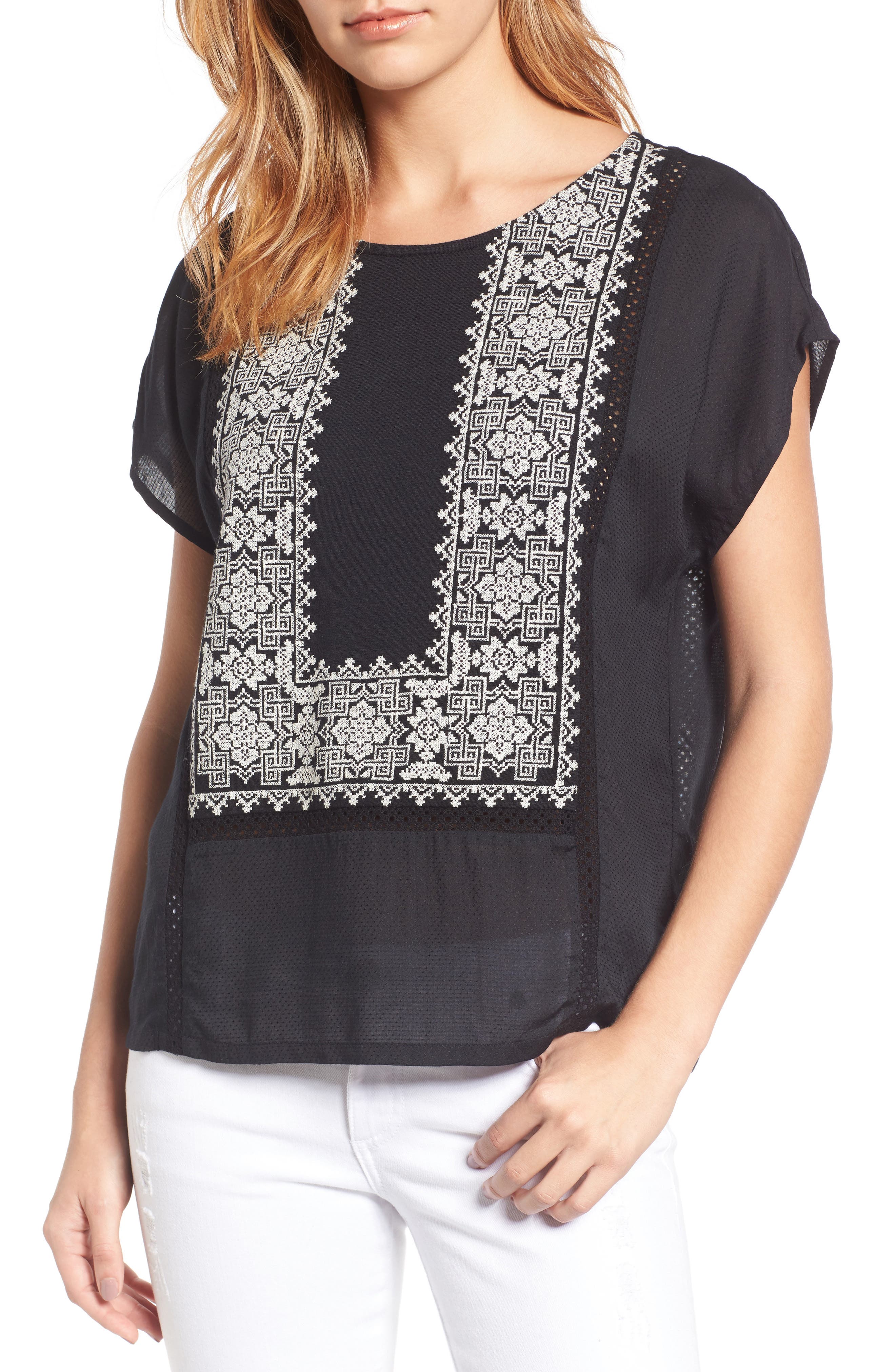 Lucky Brand Embroidered Mixed Media Top Nordstrom
