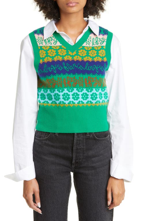 Lingua Franca x Nordstrom Gender Inclusive Logo Jacquard Cashmere Sweater Vest in Kelly Green Multi