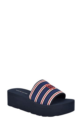 Shop Tommy Hilfiger Stripe Platform Slide Sandal In Navy/red/white