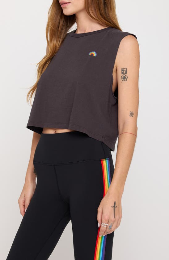 Shop Spiritual Gangster Callie Rainbow Embroidered Cotton Crop Tank Top In Vintage Black
