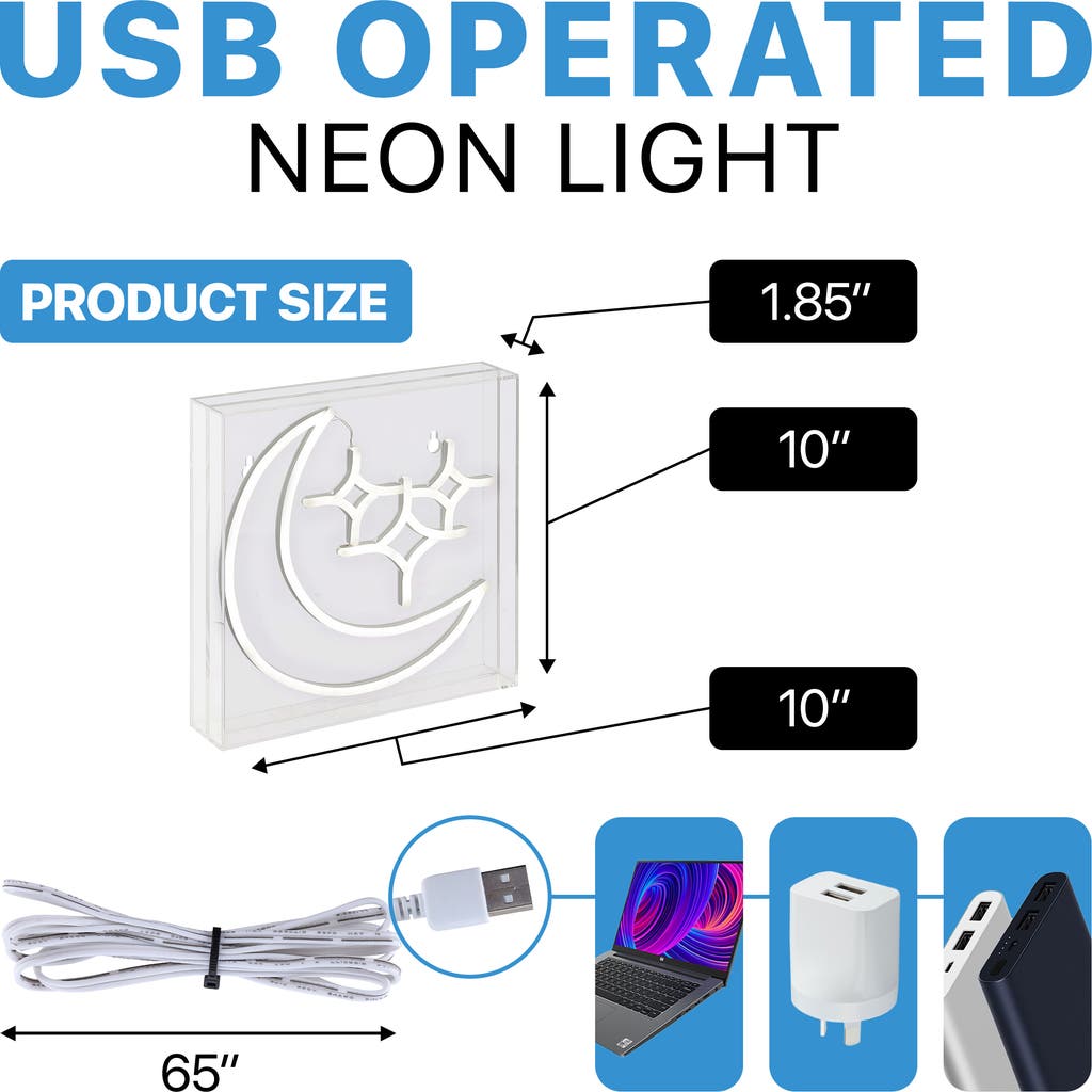 Jonathan Y Starry Square Contemporary Glam Acrylic Box Usb Operated Led Neon Light In White