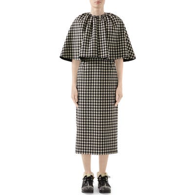 Gucci Houndstooth Midi Dress With Removable Cape, US / 40 IT - Black