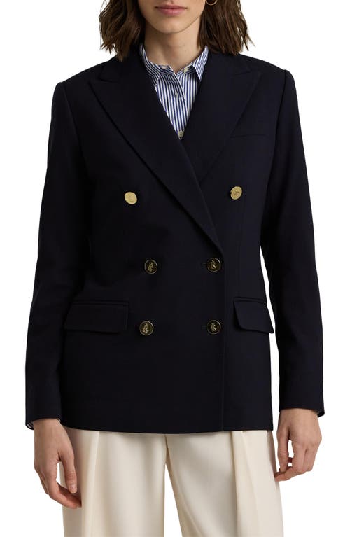 Shop Lauren Ralph Lauren Double Breasted Stretch Wool Crepe Blazer In Lauren Navy