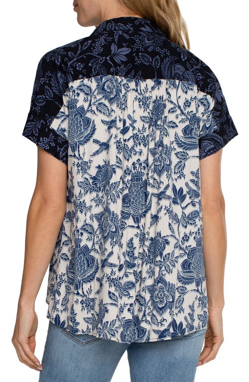 Liverpool Contrast Print High-low Short Sleeve Button-up Shirt In Glxy Flrl Prnt