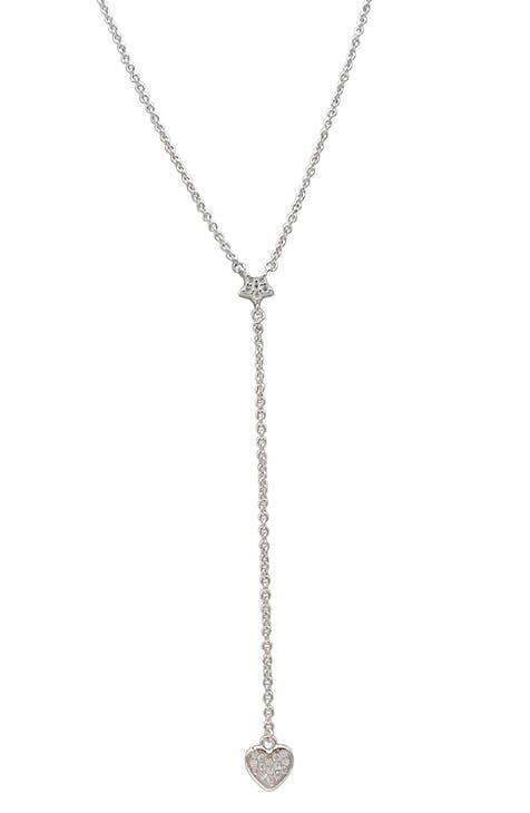 White Rhodium Plated Star and Heart Drop Y Necklace