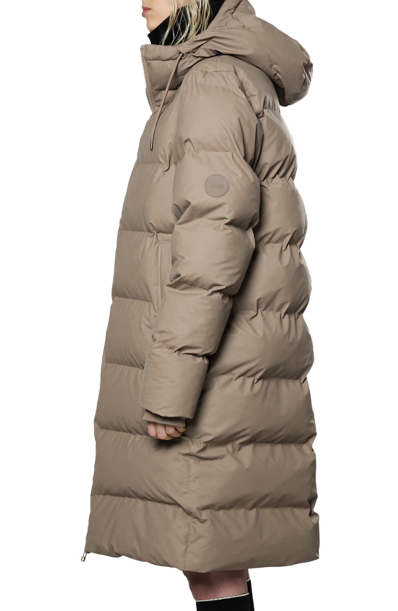 Rains® Alta Long Puffer Jacket in Metallic Grey for $515