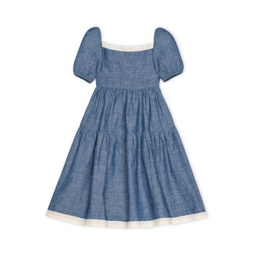 Hope & Henry Girls' Short Bubble Sleeve Crochet Trim Chambray Dress, Infant