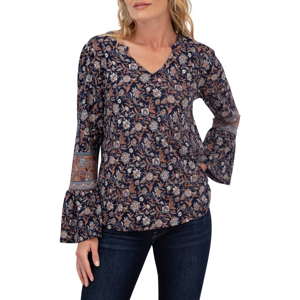 Lucky Brand Notch Neck Bell Sleeve Top In Navy Multi