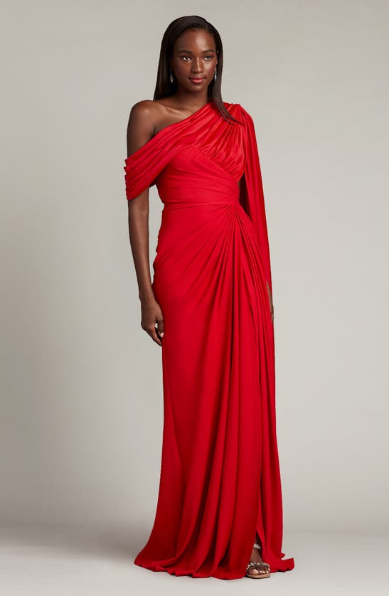 Tadashi Shoji One Shoulder Draped Sleeve Red Gown In Lava Red