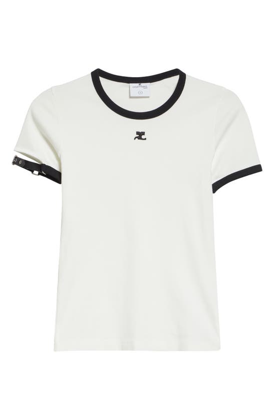 Shop Courrèges Buckle Cuff Cotton Ringer T-shirt In Heritage White/ Black