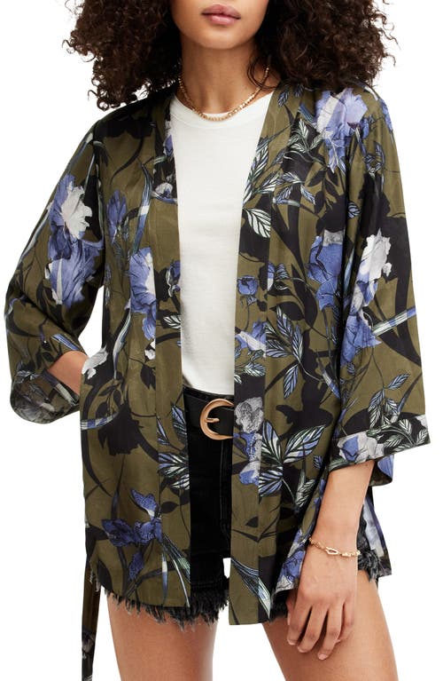 AllSaints Carina Batu Floral Satin Wrap in Deep Khaki Green at Nordstrom, Size 4 Us