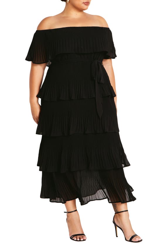 Shop City Chic Night Garden Tiered Release Pleat Off The Shoulder Maxi Dress In Black