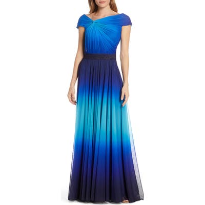 Tadashi Shoji Knotted Ombre Mesh Evening Gown, Blue
