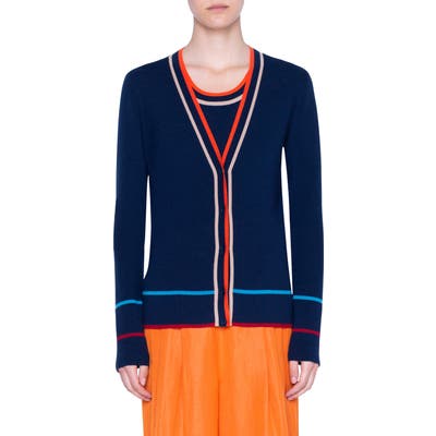Akris Punto Stripe Ribbed Stretch Merino Wool Cardigan, Blue